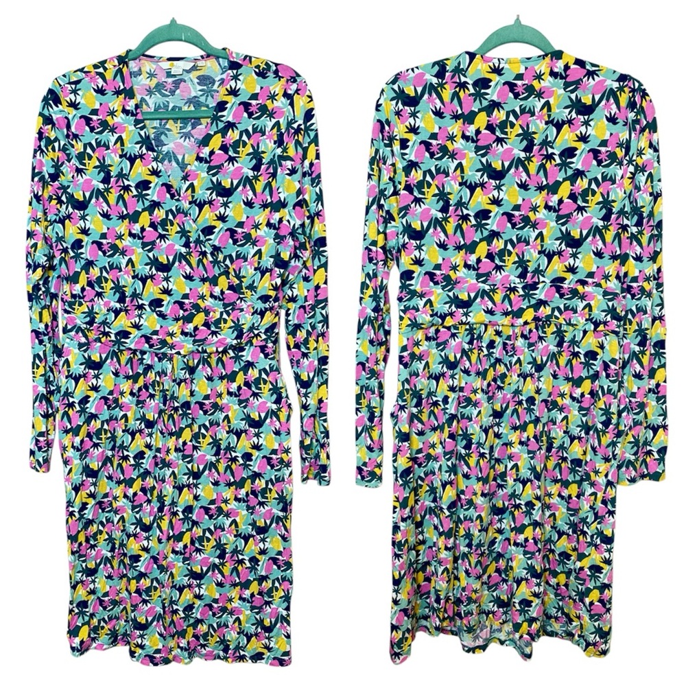 Boden Green Pink Yellow Floral Geometric Print Wrap Style Midi Jersey Knit Dress